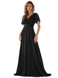 Black Ladies Double V-Neck Short Flutter Sleeves Empire Waist Elegant Chiffon Long Evening Dresses - Ever-Pretty