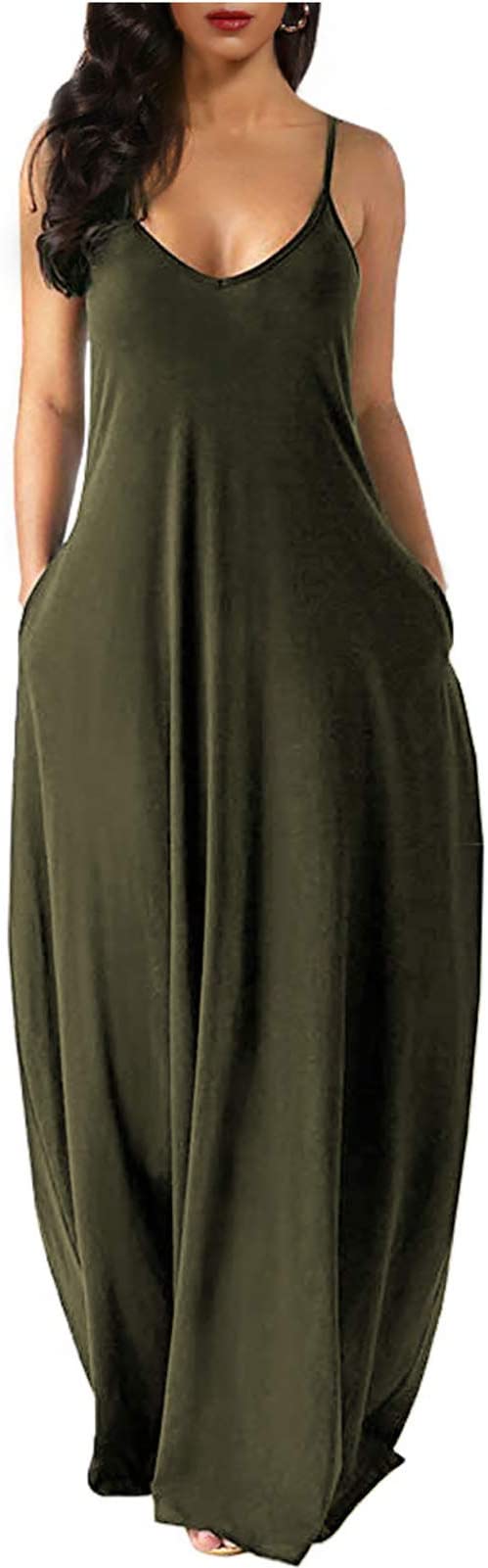 Army Green Womens Casual Sleeveless Plus Size Loose Plain Long Maxi Dress with Pockets - Wolddress | Women's Casual Dresses