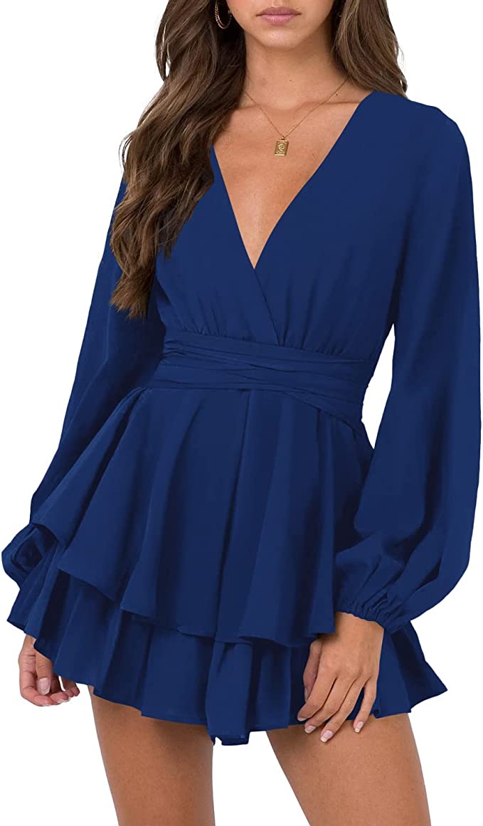 Blue Sleeve Womens Sexy V Neck Long Baggy Sleeve Tie Waist Ruffle Hem Flowy Swing Mini Short Wrap Dress - Nova In Sky | Women's Casual Dresses