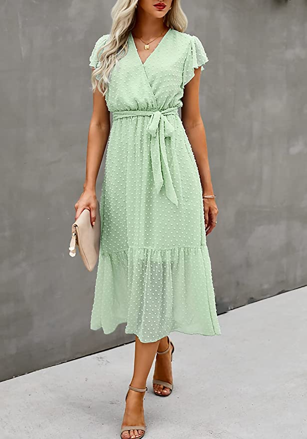 Swiss Dot Light Yellow Women Summer Bohemian Floral Casual Wrap V Neck Ruffle Cap Sleeveless Belt A-Line Pleated Hem Swing Midi Sun Dress - BTFBM | Women's Casual Dresses