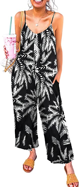 Black Floral Women's Casual Sleeveless Front Button Loose Jumpsuits Stretchy Long Pants Romper with Pockets - Happy Sailed | Women's Romper & Jumper Suit