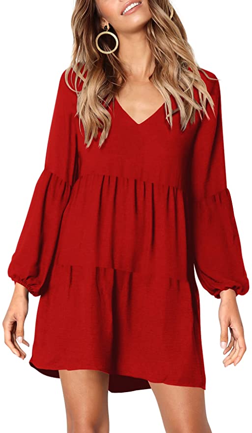 Red Long Sleeve Women Summer Tunic Dress V Neck Casual Loose Flowy Swing Shift Dresses - Amoretu | Women's Casual Dresses