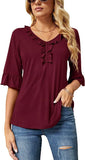 Burgundy Ruffle Blouses Casual V Neck T Shirts Loose Summer Tops Ruffle - Ivicoer | Women's Tops and Blouses