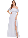 White Womens Off The Shoulder Ruffle Party Dresses Side Split Beach Maxi Dress - Ever-Pretty