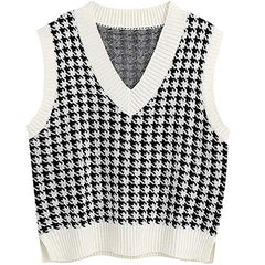 Jlihang Oversized Houndstooth Knitted Vest Sweater Vintage V Neck Loose Sleeveless Sweater