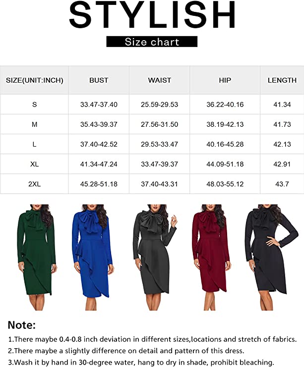 Blue Womens Tie Neck Peplum Waist Long Sleeve Bodycon Business Dress - CILKOO | Women's Cocktail Dresses