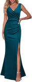 Teal-color Women Sleeveless V Neck Split Evening Cocktail Long Dress - Woosea | Women's Formal Dresses