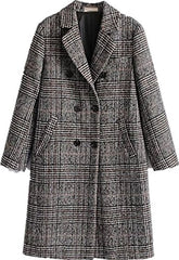 Women Classic Lattice Winter Overcoat Lapel Double Breasted Woolen Long Coat