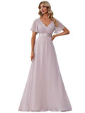 Lilac Ladies Double V-Neck Short Flutter Sleeves Empire Waist Elegant Chiffon Long Evening Dresses - Ever-Pretty