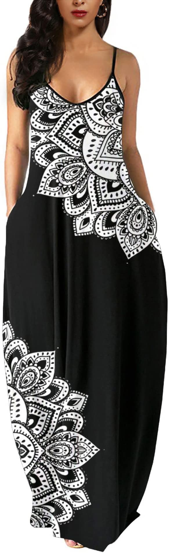 Paisley Floral White Womens Casual Sleeveless Plus Size Loose Plain Long Maxi Dress with Pockets - Wolddress | Women's Casual Dresses