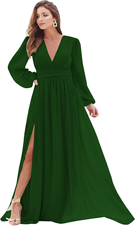 Dark Green Women's Bridesmaid Dresses Long Sleeve Chiffon Deep V-Neck