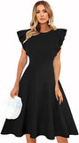 Black Womens Dresses Elegant Ruffles Cap Sleeves Summer A-Line Midi Dress - ECOWISH | Women's Cocktail Dresses