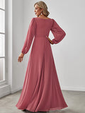 Pink Women's A-line Long Sleeve V-Neck Chiffon Mother of The Bride Dress - Ever-Pretty | Women's Formal Dresses