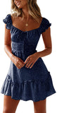 Navy Blue Womens Summer Ruffle Sleeve Sweetheart Neckline Printing Dress Mini Dress - Yobecho | Women's Casual Dresses