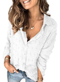 White Long Sleeve Women Pompom Button Down Shirt Casual Blouse Top - Astylish | Women's Tops and Blouses
