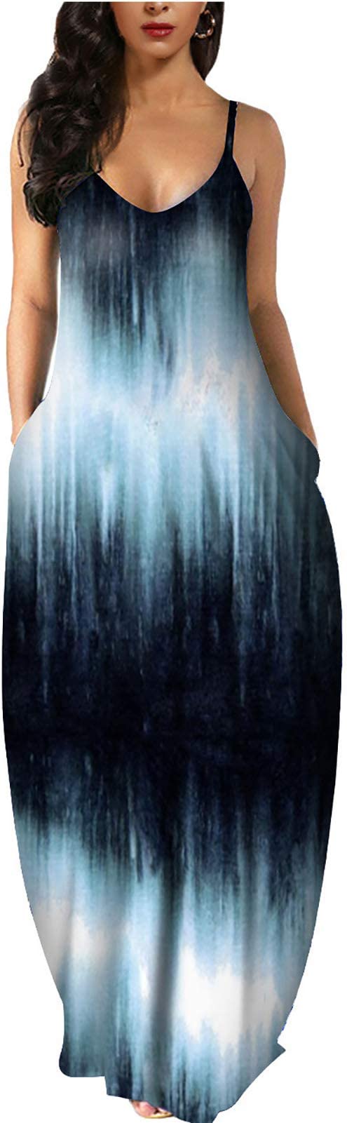 Print Blue Light Womens Casual Sleeveless Plus Size Loose Plain Long Maxi Dress with Pockets - Wolddress | Women's Casual Dresses