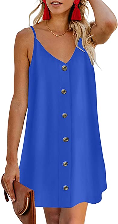 Blue Women Summer Spaghetti Strap Button Down V Neck Sleeveless Casual Mini Dress - AlvaQ | Women's Cocktail Dresses