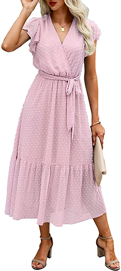Swiss Dot White Women Summer Bohemian Floral Casual Wrap V Neck Ruffle Cap Sleeveless Belt A-Line Pleated Hem Swing Midi Sun Dress - BTFBM | Women's Casual Dresses