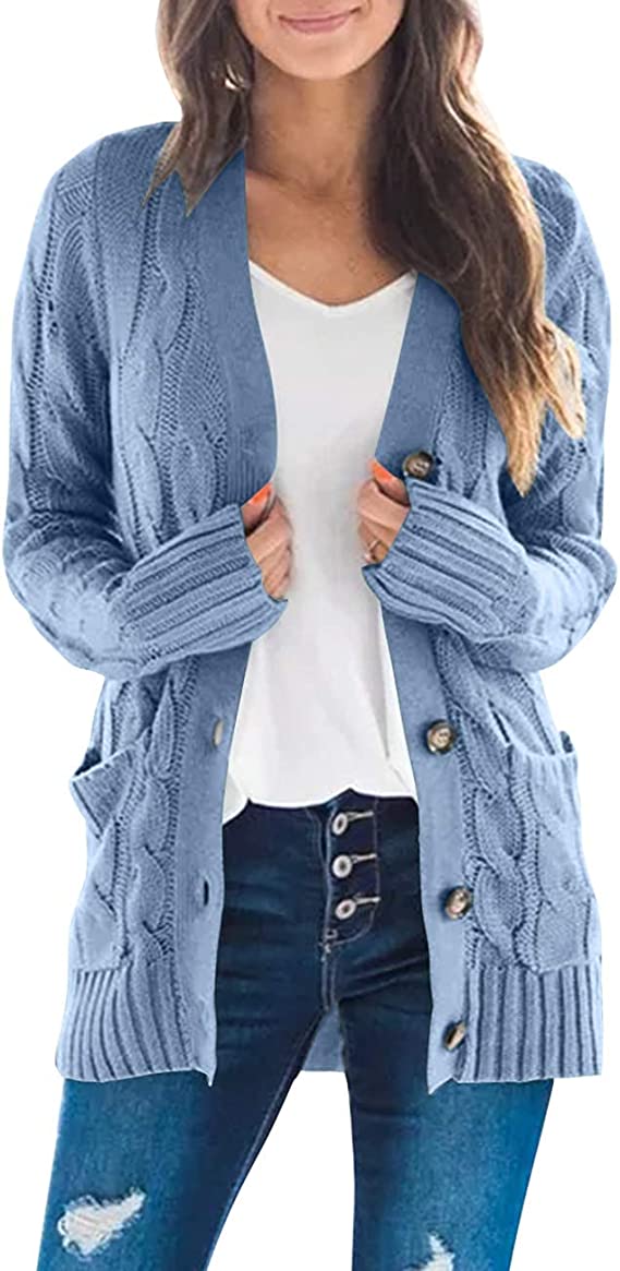 Blue Women's Long Sleeve Cable Knit Sweater Open Front Cardigan Button Loose Outerwear - MEROKEETY | Women's Cardigan