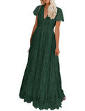 Darkgreen Women's V Neck Short Sleeve Floral Lace Wedding Dress Bridesmaid Cocktail Party Maxi Dress - MEROKEETY | Women's Formal Dresses