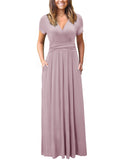 Pink Ladies Summer Casual V Neck Short Long Sleeve Floral Pattern Wrap Ladies Maxi Long Dress with Pockets - OUGES | Women's Evening Gowns