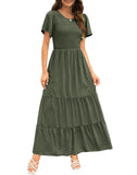 Army Green Women's Round Neck Short Flutter Sleeve Smocked Ruffle Floral Maxi Dress - Kranda | Women's Formal Dresses