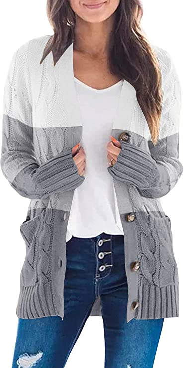 Block Grey Women's Long Sleeve Cable Knit Sweater Open Front Cardigan Button Loose Outerwear - MEROKEETY | Women's Cardigan