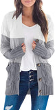 Block Grey Women's Long Sleeve Cable Knit Sweater Open Front Cardigan Button Loose Outerwear - MEROKEETY | Women's Cardigan