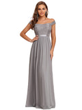 Women's Maxi Cap Sleeve Off-Shoulder Chiffon Bridesmaid Dresses  - Sara Clothes