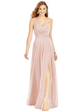 Blush Pink One Shoulder Chiffon Bridesmaid Dresses with Slit Maxi Long Formal Dresses for Women Party - XYAYE | Women's Formal Dresses