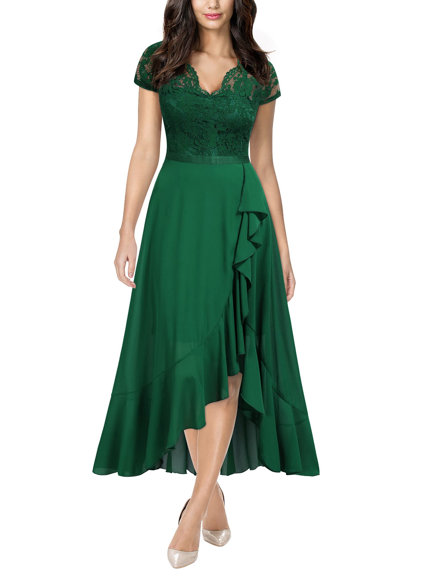 Dark Green Ladies Retro V-Neck Lace Ruffle Design Formal Party Maxi Dress - MIUSOL