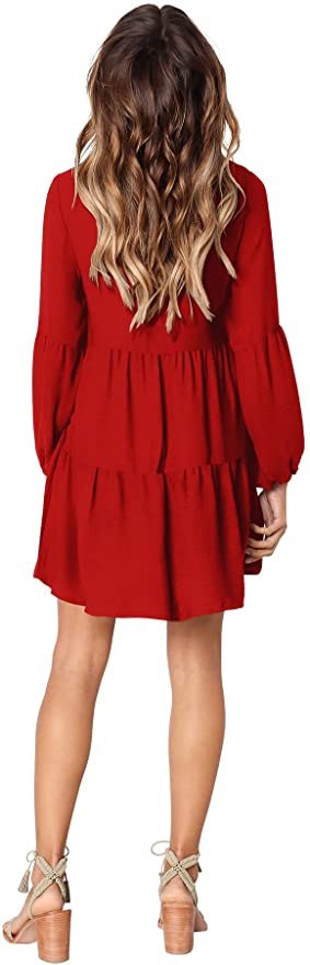 Red Long Sleeve Women Summer Tunic Dress V Neck Casual Loose Flowy Swing Shift Dresses - Amoretu | Women's Casual Dresses