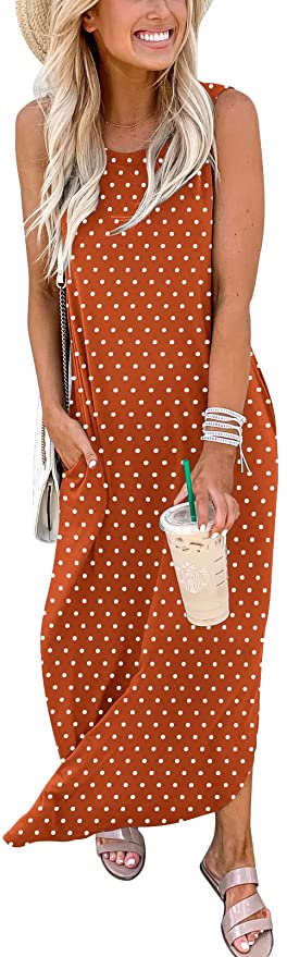 Dot Orange Women's Casual Loose Long Sleeveless Sundress with Pockets - ANRABESS | Women's Casual Dresses