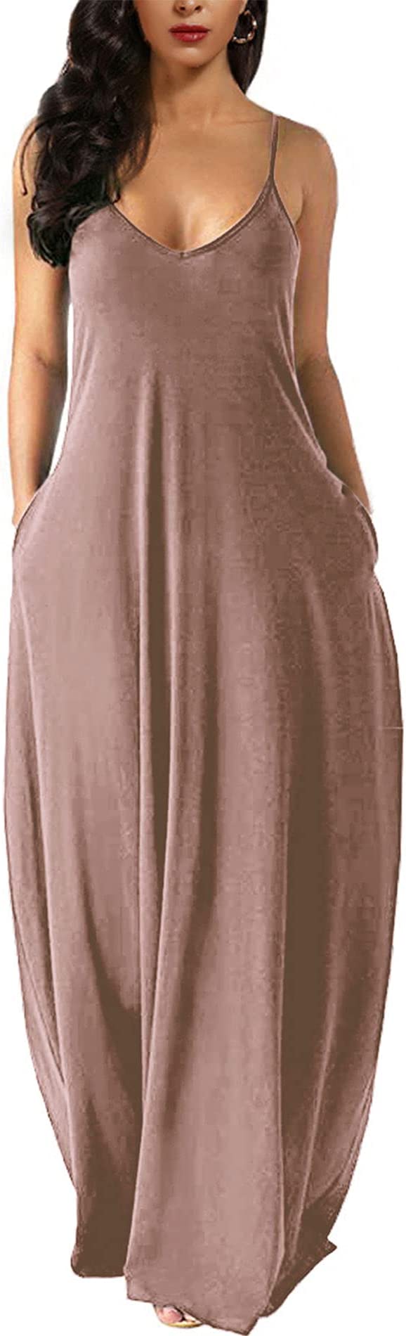 Pink Brown Womens Casual Sleeveless Plus Size Loose Plain Long Maxi Dress with Pockets - Wolddress | Women's Casual Dresses