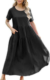 Black Plan Women Casual Loose Bohemian Floral Dress with Pockets Short Sleeve Long Maxi Summer Beach Swing Dress - Yesno | Women's Casual Dresses