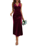 Burgundy Tank Dress Women's V Neck Wrap Long Sleeve Elegant Mermaid Velvet Cocktail Maxi Dress Evening Party - ZABERRY | Women's Formal Dresses