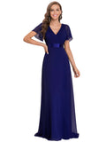 Royal Blue Ladies Double V-Neck Short Flutter Sleeves Empire Waist Elegant Chiffon Long Evening Dresses - Ever-Pretty