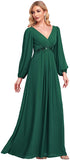 Green Women's A-line Long Sleeve V-Neck Chiffon Mother of The Bride Dress - Ever-Pretty