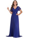 Sapphire Blue Ladies Double V-Neck Short Flutter Sleeves Empire Waist Elegant Chiffon Long Evening Dresses - Ever-Pretty