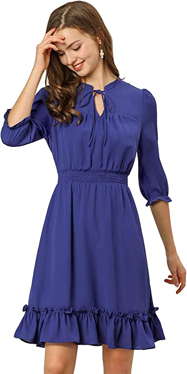 Royal Blue Ruffle Dress, Hem 3/4 Sleeve Smocked A-Line Short Chiffon Dress - Allegra K | Women's Casual Dresses