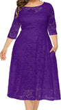 Purple Women Plus Size Floral Lace Sleeve Party Wedding Cocktail Swing Midi Dress with Pockets - Lrady | Women's Cocktail Dresses