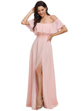 Pink Womens Off The Shoulder Ruffle Party Dresses Side Split Beach Maxi Dress - Ever-Pretty