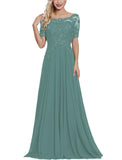 Dusty Green Women's Long Mother of The Bride Dresses with Sleeves Bateau Neck Beaded Chiffon Maxi Lace Formal Evening Gowns - Lover Kiss | Women's Formal Dresses
