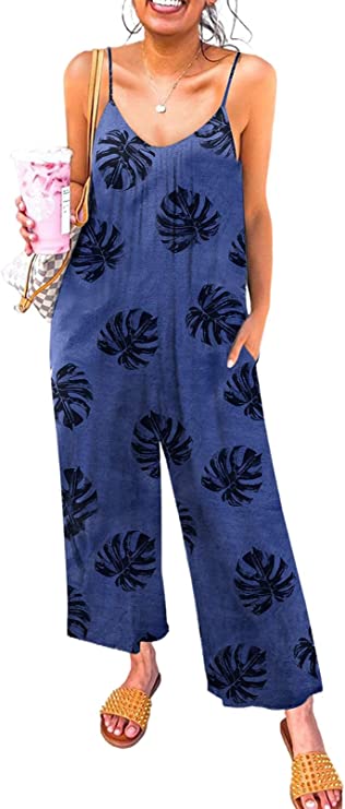 Blue Pattren Women's Casual Sleeveless Front Button Loose Jumpsuits Stretchy Long Pants Romper with Pockets - Happy Sailed | Women's Romper & Jumper Suit