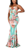 Light Green Women's Summer Floral Spaghetti Strap Maxi Dresses Sexy V-Neck Beach Boho Tropical Long Sundress - HannahZone | Women's Casual Dresses