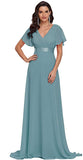 Dusty Blue Women's Short Sleeve V-Neck Long Evening Dress - Ever Pretty 