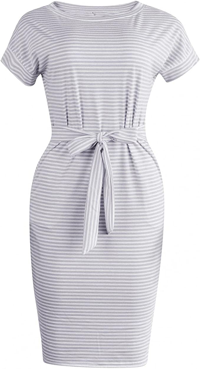Stripes Light Grey Summer Dresses Round Neck Short Sleeve T Shirt Midi Original Brand