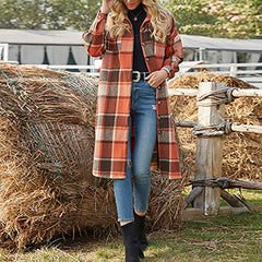 Orange Ladies Casual Wool Blend Long Plaid Shirt Jacket Button Down Pocketed Shirt Shacket - Ainangua Womens Fall Fashion | Women's Coat & Jacket