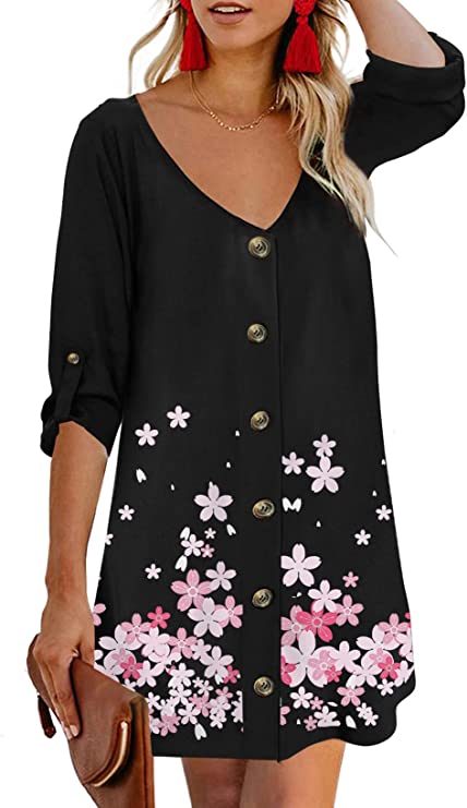 Black Floral Women Summer Spaghetti Strap Button Down V Neck Sleeveless Casual Mini Dress - AlvaQ | Women's Cocktail Dresses