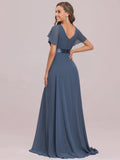 Royal Blue Ladies Double V-Neck Short Flutter Sleeves Empire Waist Elegant Chiffon Long Evening Dresses - Ever-Pretty